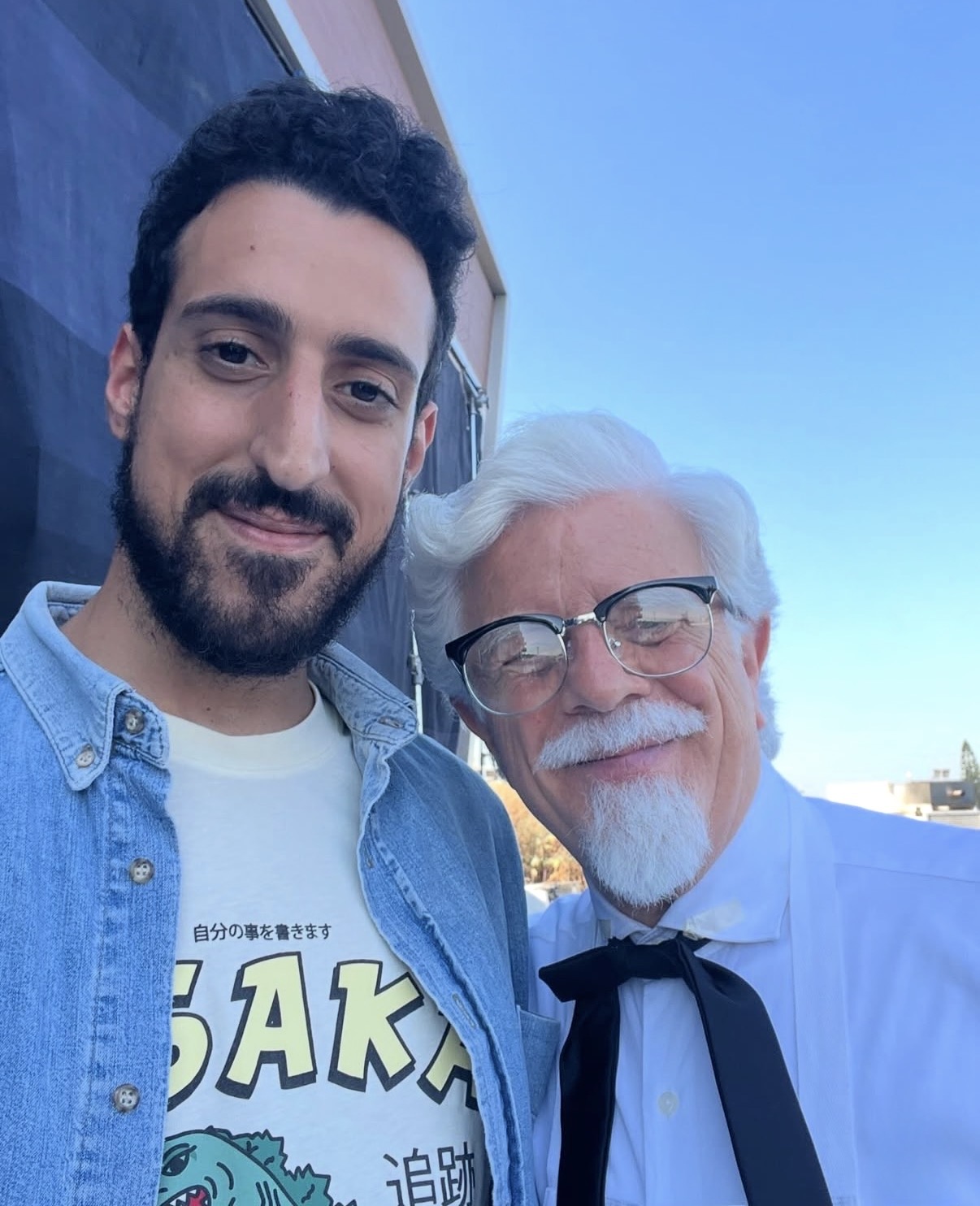 Malek on set with the Colonel during a KFC commercial shoot