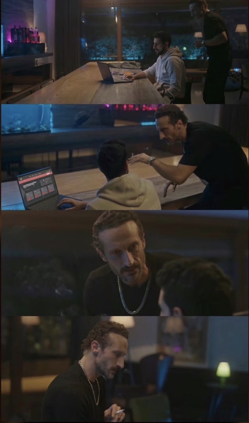 Four frames from a dark bar scene: Malek at a laptop opposite another actor