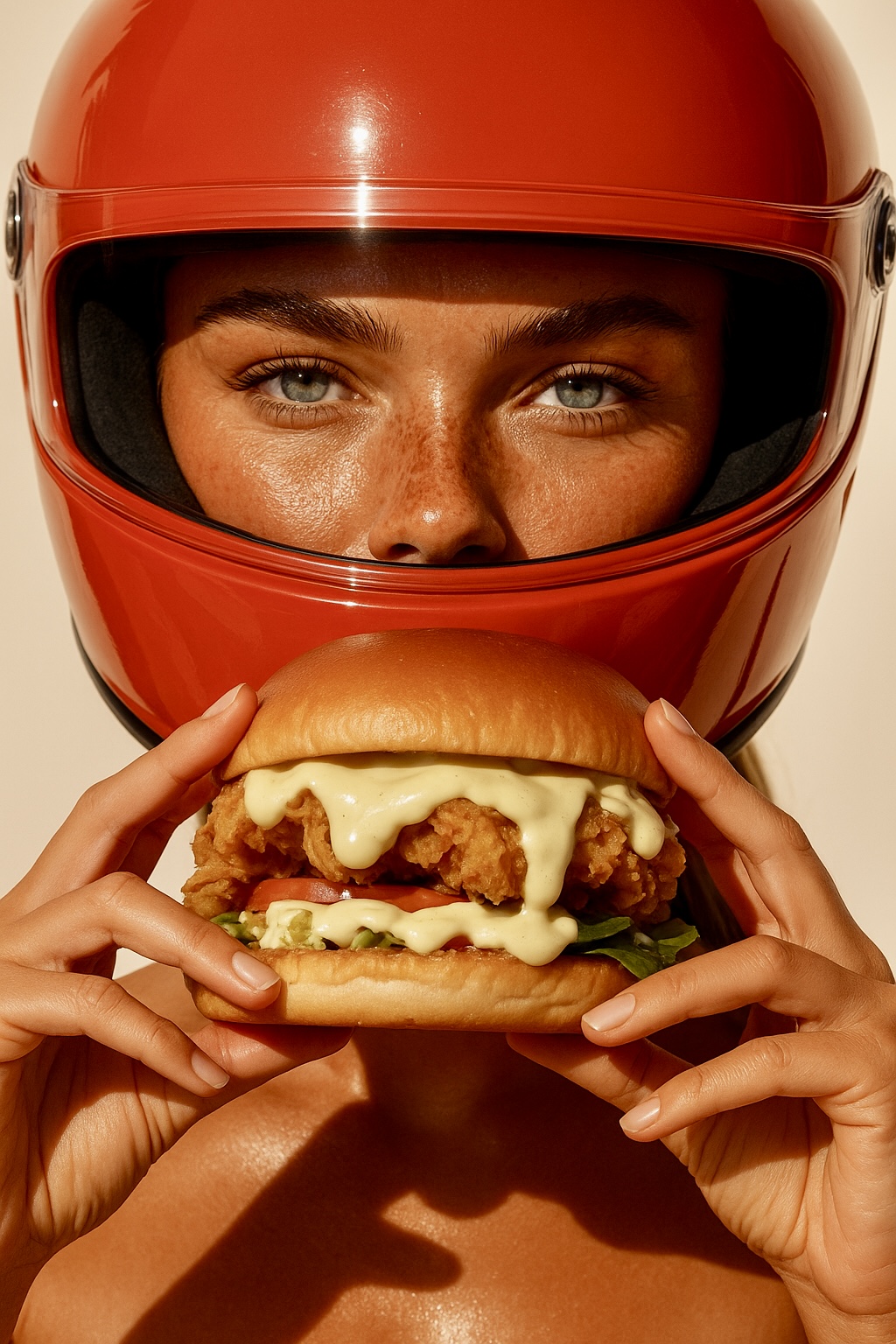 Campaign photograph: model in a red motorcycle helmet holding a fried chicken burger
